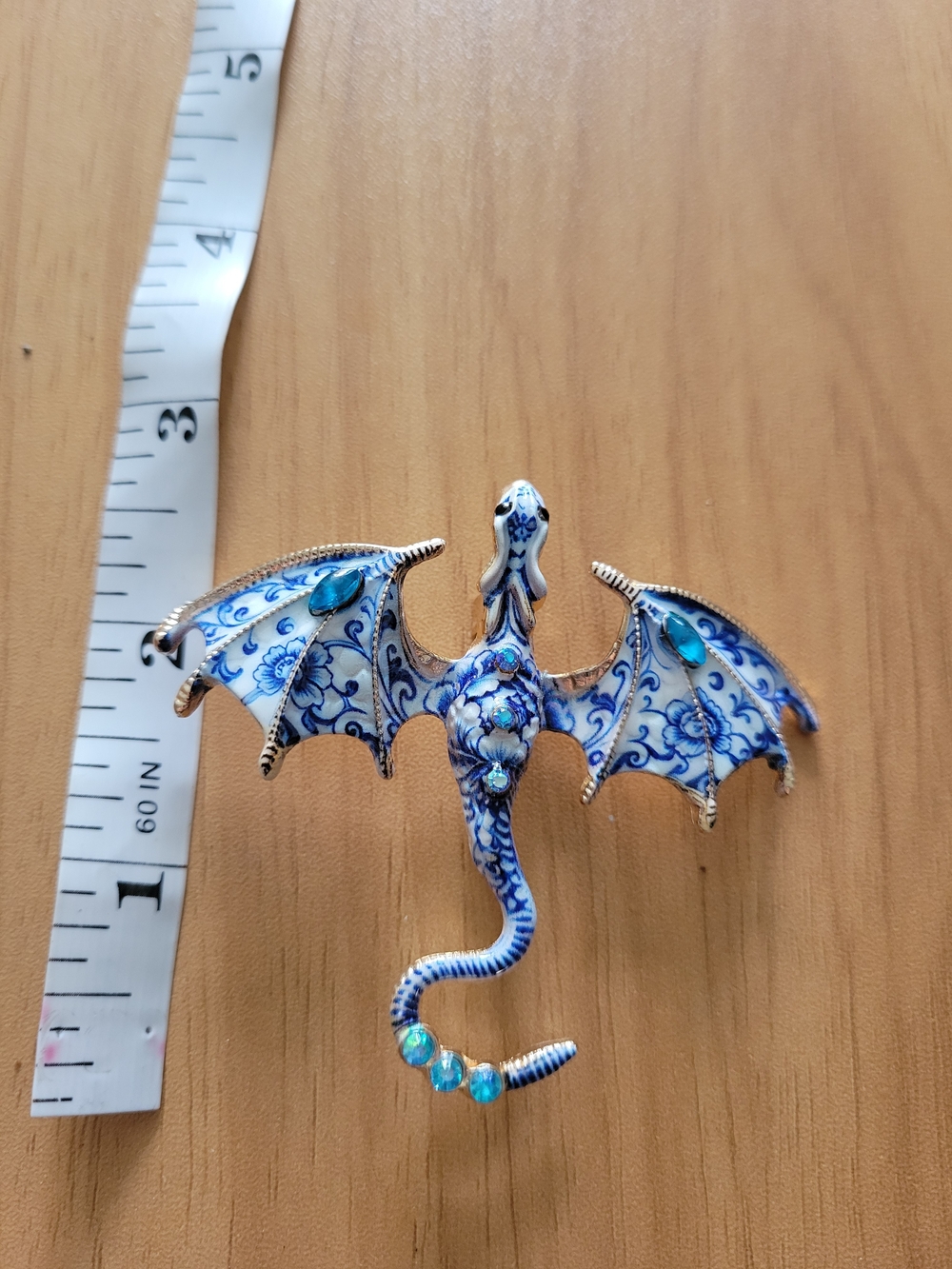 🧋NEW🧋Blue Dragon Cloisonné-Style Brooch with Teal Gem Accents
